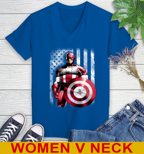 Houston Rockets NBA Basketball Captain America Marvel Avengers American Flag Shirt Women's V-Neck T-Shirt 9