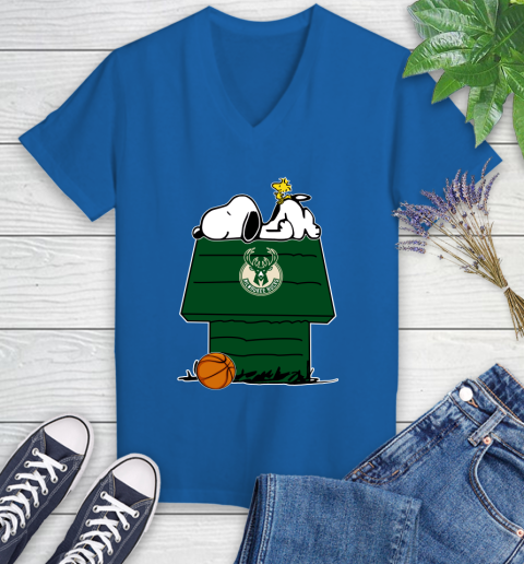 Milwaukee Bucks NBA Basketball Snoopy Woodstock The Peanuts Movie Women's V-Neck T-Shirt 10
