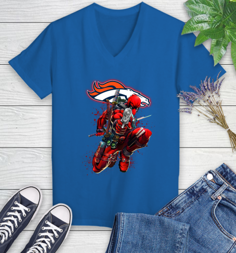 NFL Deadpool Marvel Comics Sports Football Denver Broncos Women's V-Neck T-Shirt 10