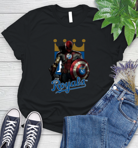 MLB Captain America Thor Spider Man Hawkeye Avengers Endgame Baseball Kansas City Royals Women's T-Shirt 2