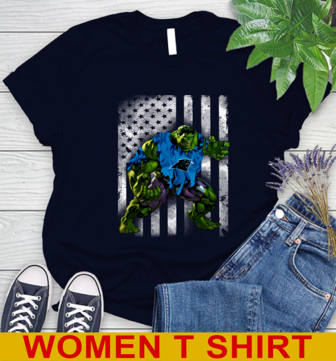 Carolina Panthers Hulk Marvel Avengers NFL Football American Flag Women's T-Shirt 2