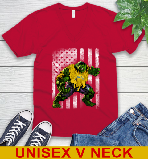 Los Angeles Chargers Hulk Marvel Avengers NFL Football American Flag V-Neck T-Shirt 6