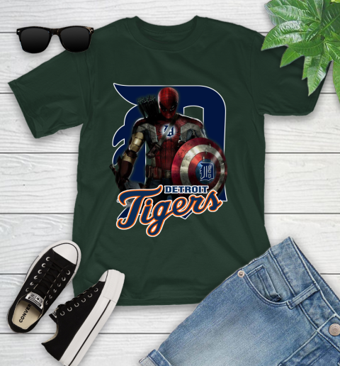 MLB Captain America Thor Spider Man Hawkeye Avengers Endgame Baseball Detroit Tigers Youth T-Shirt 5