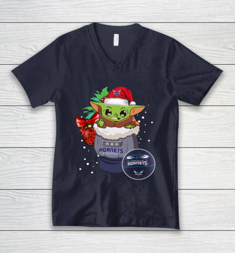 Charlotte Hornets Christmas Baby Yoda Star Wars Funny Happy NBA V-Neck T-Shirt 3