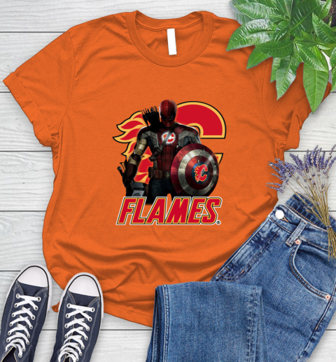 NHL Captain America Thor Spider Man Hawkeye Avengers Endgame Hockey Calgary Flames Women's T-Shirt 4