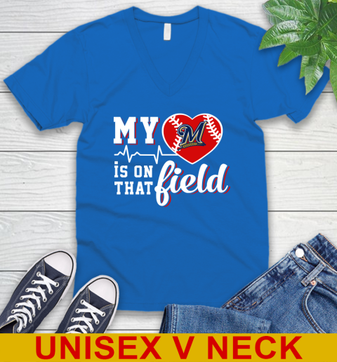MLB My Heart Is On That Field Baseball Sports Milwaukee Brewers V-Neck T-Shirt 5