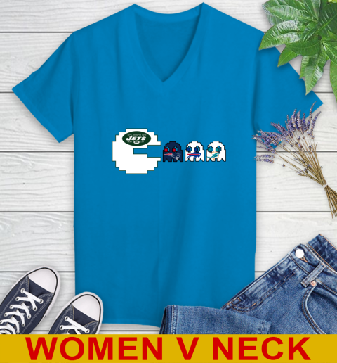New York Jets NFL Football Pac Man Champion Women's V-Neck T-Shirt 8
