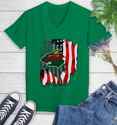 Minnesota Wild NHL Hockey American Flag Women's V-Neck T-Shirt 5