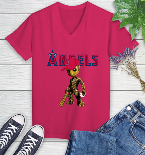 MLB Los Angeles Angels Groot Guardians Of The Galaxy Baseball Women's V-Neck T-Shirt 9
