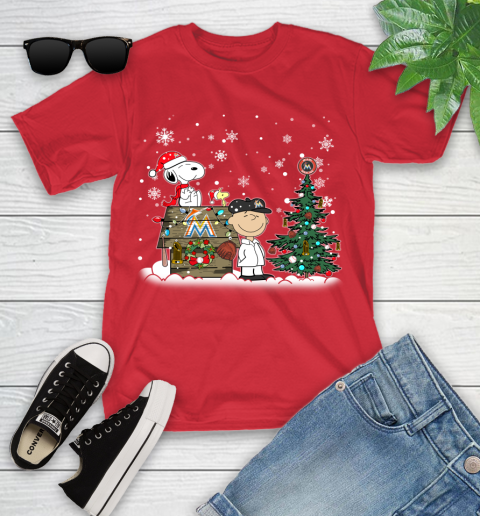 MLB Miami Marlins Snoopy Charlie Brown Christmas Baseball Commissioner's Trophy Youth T-Shirt 13