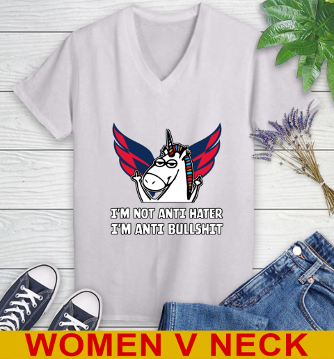 Washington Capitals NHL Hockey Unicorn I'm Not Anti Hater I'm Anti Bullshit Women's V-Neck T-Shirt