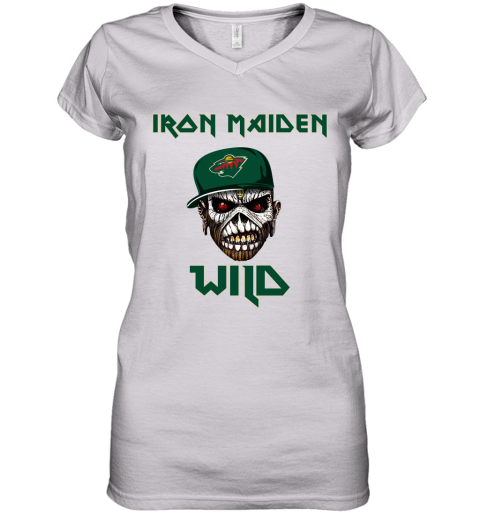 NHL Minnesota Wild Iron Maiden Rock Band Music Hockey Sports yVqknWwwIuJ women v neck t shirt 39 95 151514 front white