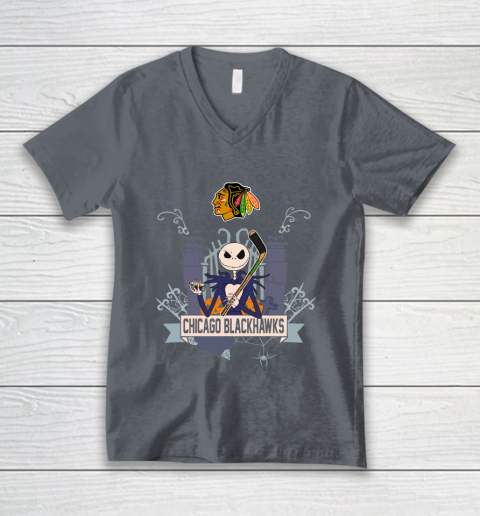 NHL Chicago Blackhawks Hockey Jack Skellington Halloween V-Neck T-Shirt 4
