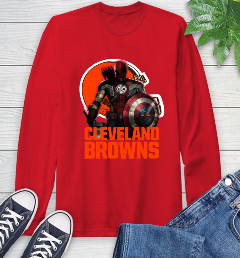NFL Captain America Thor Spider Man Hawkeye Avengers Endgame Football Cleveland Browns Long Sleeve T-Shirt 10