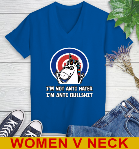 Chicago Cubs MLB Baseball Unicorn I'm Not Anti Hater I'm Anti Bullshit Women's V-Neck T-Shirt 11