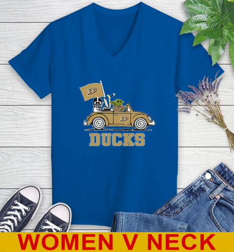 NHL Hockey Anaheim Ducks Darth Vader Baby Yoda Driving Star Wars Shirt Women's V-Neck T-Shirt 11