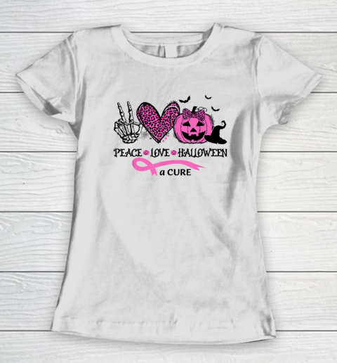 Peace Love Halloween And A Cure Breast Cancer Halloween Women's T-Shirt
