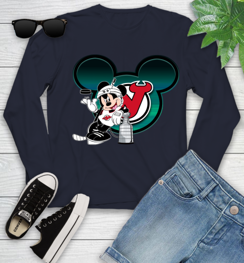 NHL New Jersey Devils Stanley Cup Mickey Mouse Disney Hockey T Shirt Youth Long Sleeve 3