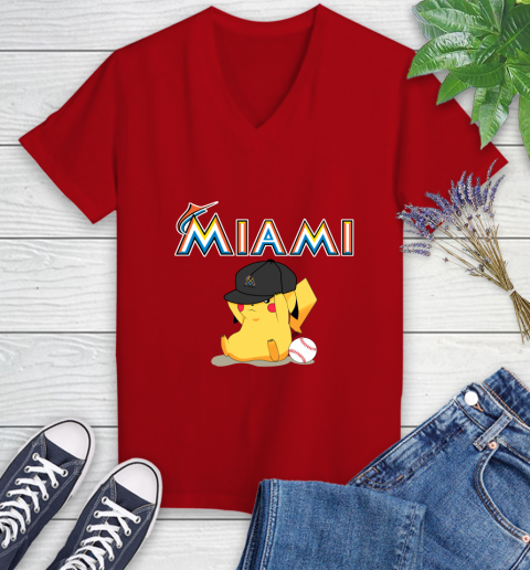 MLB Pikachu Baseball Sports Miami Marlins Women's V-Neck T-Shirt 12