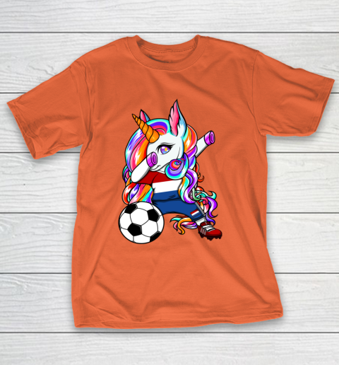 Dabbing Unicorn Netherlands Soccer Fans Jersey Flag Football T-Shirt 17