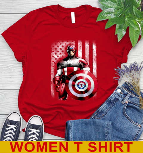 Texas Rangers MLB Baseball Captain America Marvel Avengers American Flag Shirt Women's T-Shirt 11
