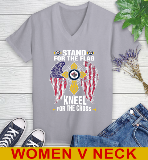 NHL Hockey Winnipeg Jets Stand For Flag Kneel For The Cross Shirt Women's V-Neck T-Shirt 4