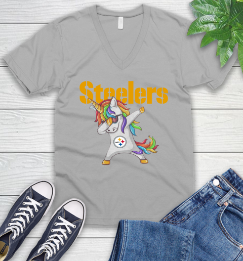 Pittsburgh Steelers NFL Football Funny Unicorn Dabbing Sports V-Neck T-Shirt 4