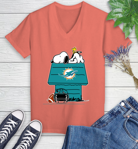 Miami Dolphins NFL Football Snoopy Woodstock The Peanuts Movie Women's V-Neck T-Shirt 6