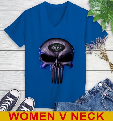 New York Jets NFL Football Punisher Skull Sports Women's V-Neck T-Shirt 9