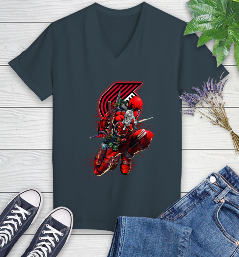 NBA Deadpool Marvel Comics Sports Basketball Portland Trail Blazers Women's V-Neck T-Shirt 8
