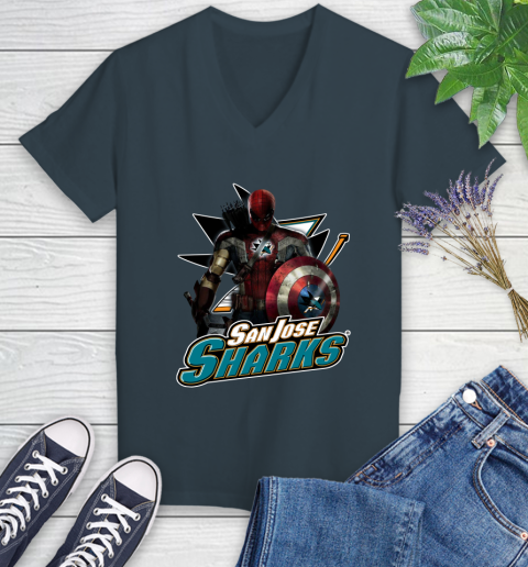NHL Captain America Thor Spider Man Hawkeye Avengers Endgame Hockey San Jose Sharks Women's V-Neck T-Shirt 8