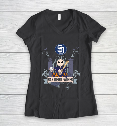 MLB San Diego Padres Baseball Jack Skellington Halloween Women's V-Neck T-Shirt 6