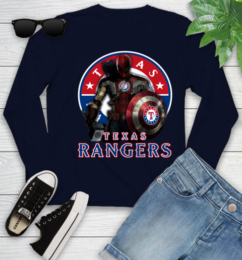 MLB Captain America Thor Spider Man Hawkeye Avengers Endgame Baseball Texas Rangers Youth Long Sleeve 3
