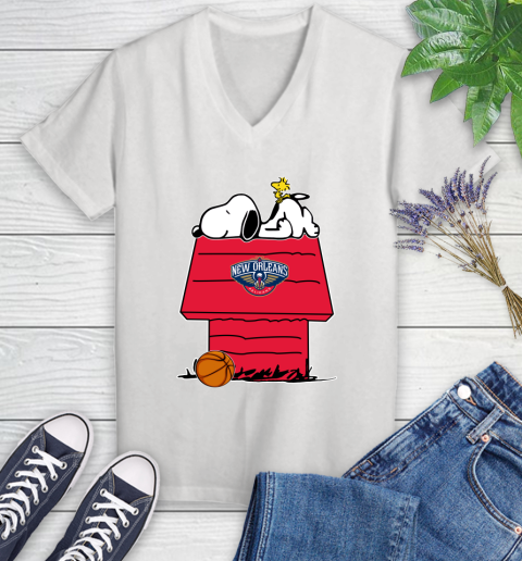 New Orleans Pelicans NBA Basketball Snoopy Woodstock The Peanuts Movie Women's V-Neck T-Shirt