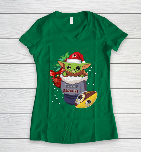 Washington Redskins Christmas Baby Yoda Star Wars Funny Happy NFL Women's V-Neck T-Shirt 5