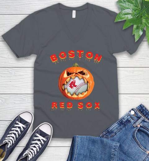 MLB Boston Red Sox Halloween Pumpkin Baseball Sports V-Neck T-Shirt 5