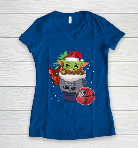 Portland Trail Blazers Christmas Baby Yoda Star Wars Funny Happy NBA Women's V-Neck T-Shirt 9