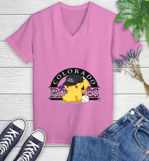 MLB Pikachu Baseball Sports Colorado Rockies Women's V-Neck T-Shirt 14