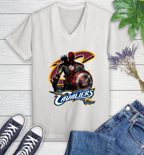 Cleveland Cavaliers NBA Basketball Captain America Thor Spider Man Hawkeye Avengers Women's V-Neck T-Shirt