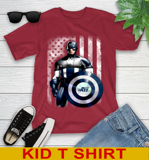 Utah Jazz NBA Basketball Captain America Marvel Avengers American Flag Shirt Youth T-Shirt 12