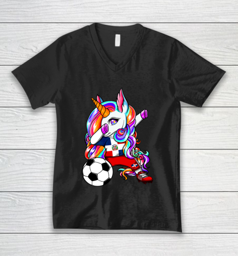 Dabbing Unicorn Dominican Republic Soccer Fans Flag Football V-Neck T-Shirt
