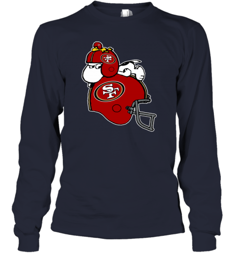 mq4p snoopy and woodstock resting on san francisco 49ers helmet youth long sleeve 50 front navy