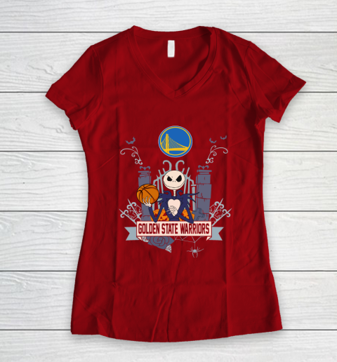 NBA Golden State Warriors Basketball Jack Skellington Halloween Women's V-Neck T-Shirt 8