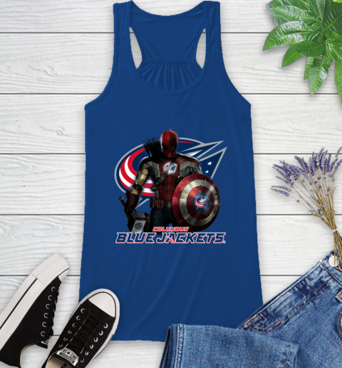 NHL Captain America Thor Spider Man Hawkeye Avengers Endgame Hockey Columbus Blue Jackets Racerback Tank 9