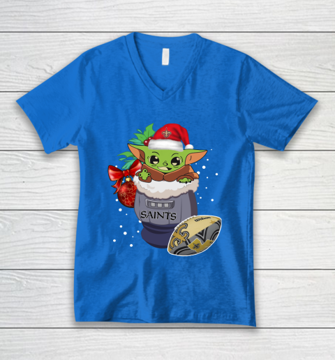 New Orleans Saints Christmas Baby Yoda Star Wars Funny Happy NFL V-Neck T-Shirt 6