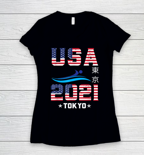 Swimming American Flag  Tokyo Olympic 2021 for USA Team Women's V-Neck T-Shirt