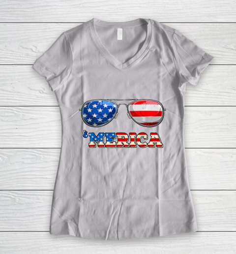 Merica Sunglasses 4th Of July Funny Patriotic American Flag Women's V-Neck T-Shirt