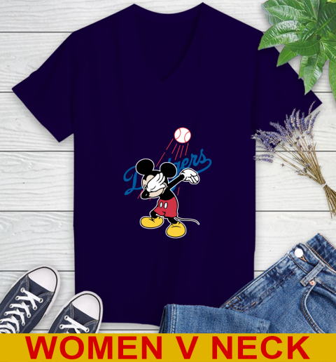 Los Angeles Dodgers MLB Baseball Dabbing Mickey Disney Sports Women's V-Neck T-Shirt 4