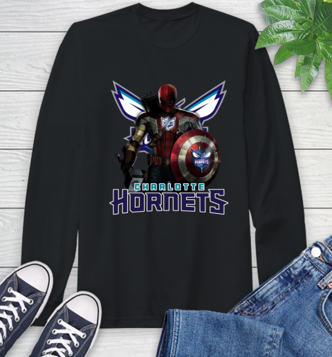 Charlotte Hornets NBA Basketball Captain America Thor Spider Man Hawkeye Avengers Long Sleeve T-Shirt 2