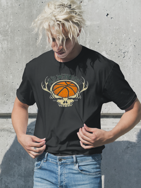 NBA x Grateful Dead x Milwaukee Bucks Skull 2024 T-Shirt